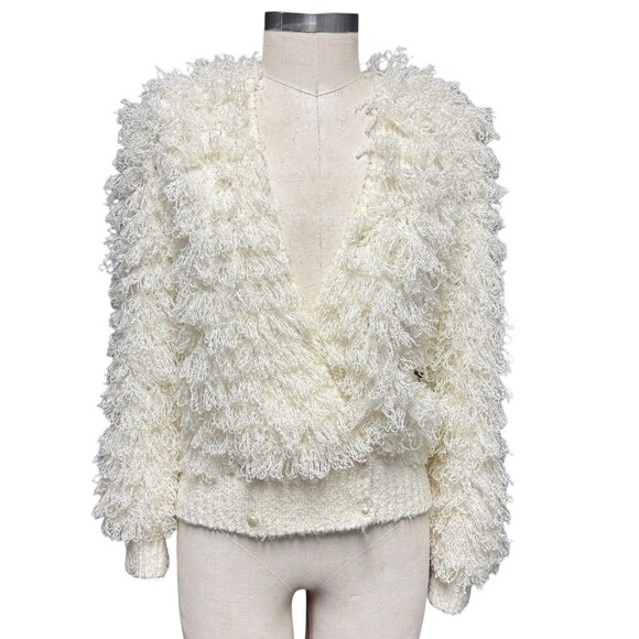 Vintage Womens Hand Crochet Cardigan Sweater M Boho Cream Fuzzy Knit Cottagecore - Picture 2 of 15